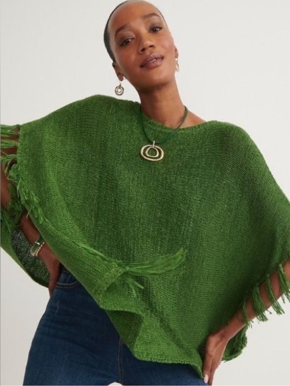 ☀️ New! CHICO’S Fringe Knit Poncho in Verdant Green L/XL